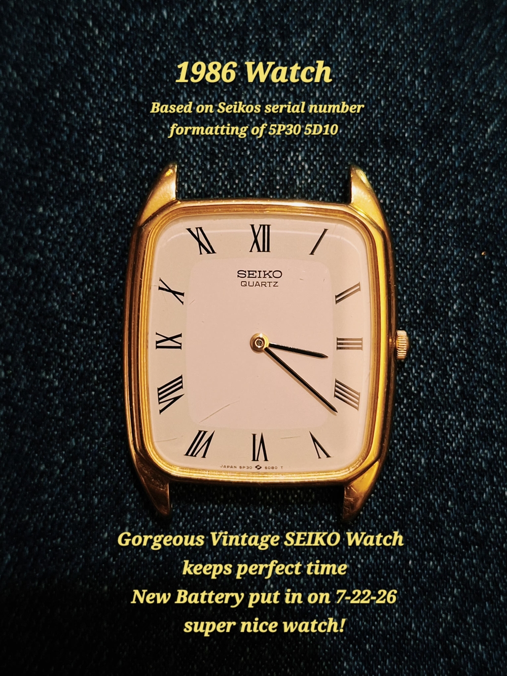 1986 Seiko 5P30 Quartz Watch-Roman Numeral Dial, New Battery, Lizard Grain Band